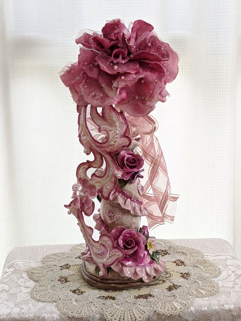 クレイフラワー✨ロココ調薔薇❁染め花布花❁クレイフラワー❁ハンドメイド