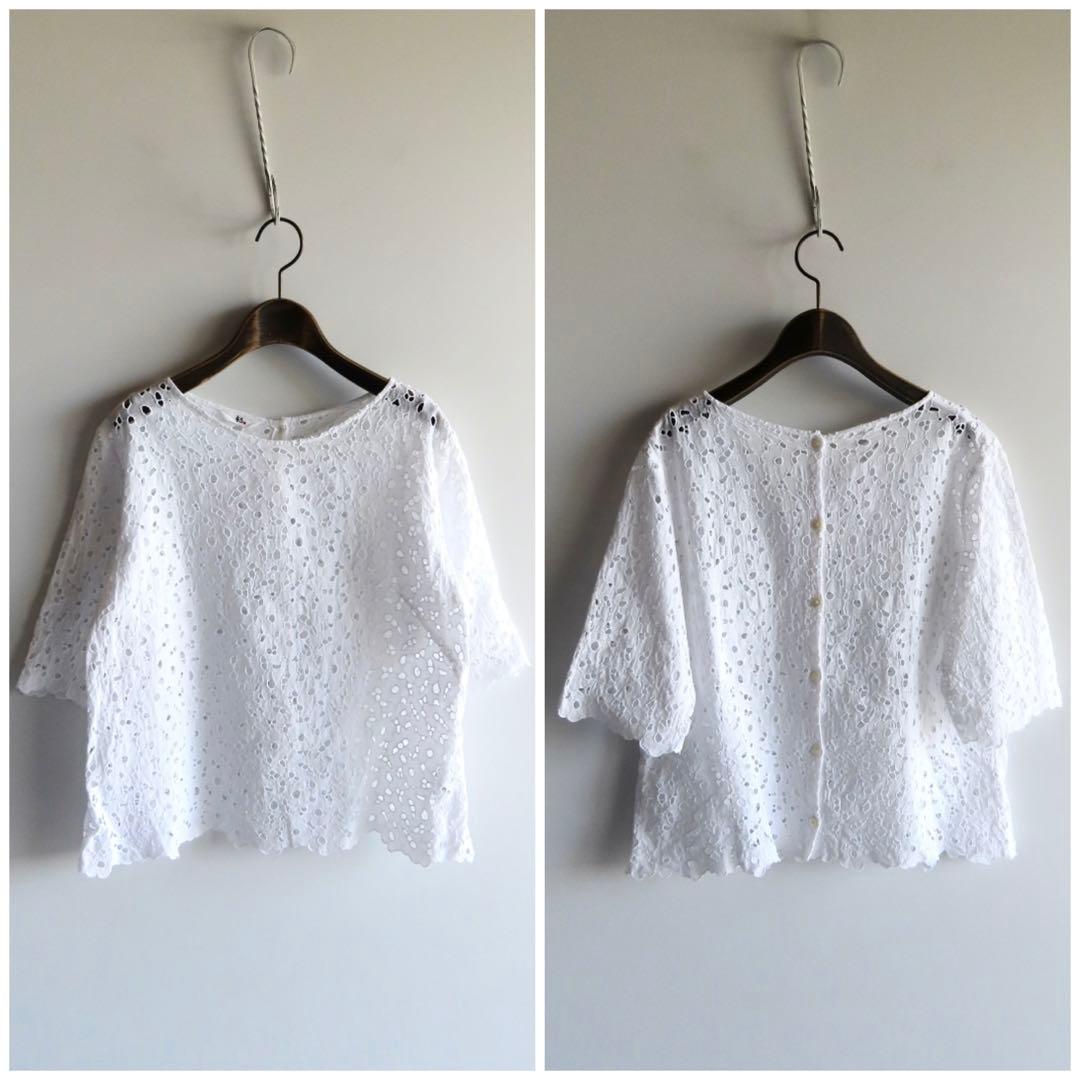 45R カットワークレースのバックボタンブラウス 3 ホワイト 45rpm