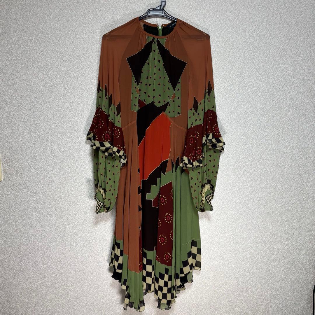 ETRO シルク シワ加工 ロングワンピース パフ×フリル袖 アシンメトリー42