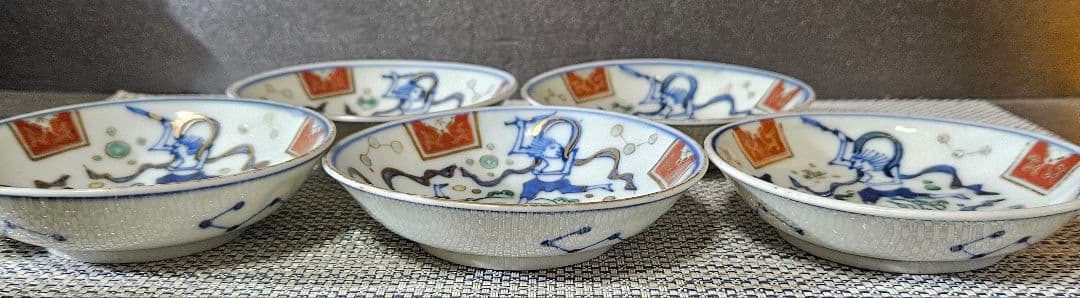 明治時代初期　古伊万里　染錦　狩猟の図　波文様　小皿　豆皿　手塩皿　5客