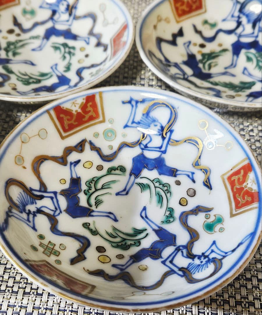 明治時代初期　古伊万里　染錦　狩猟の図　波文様　小皿　豆皿　手塩皿　5客