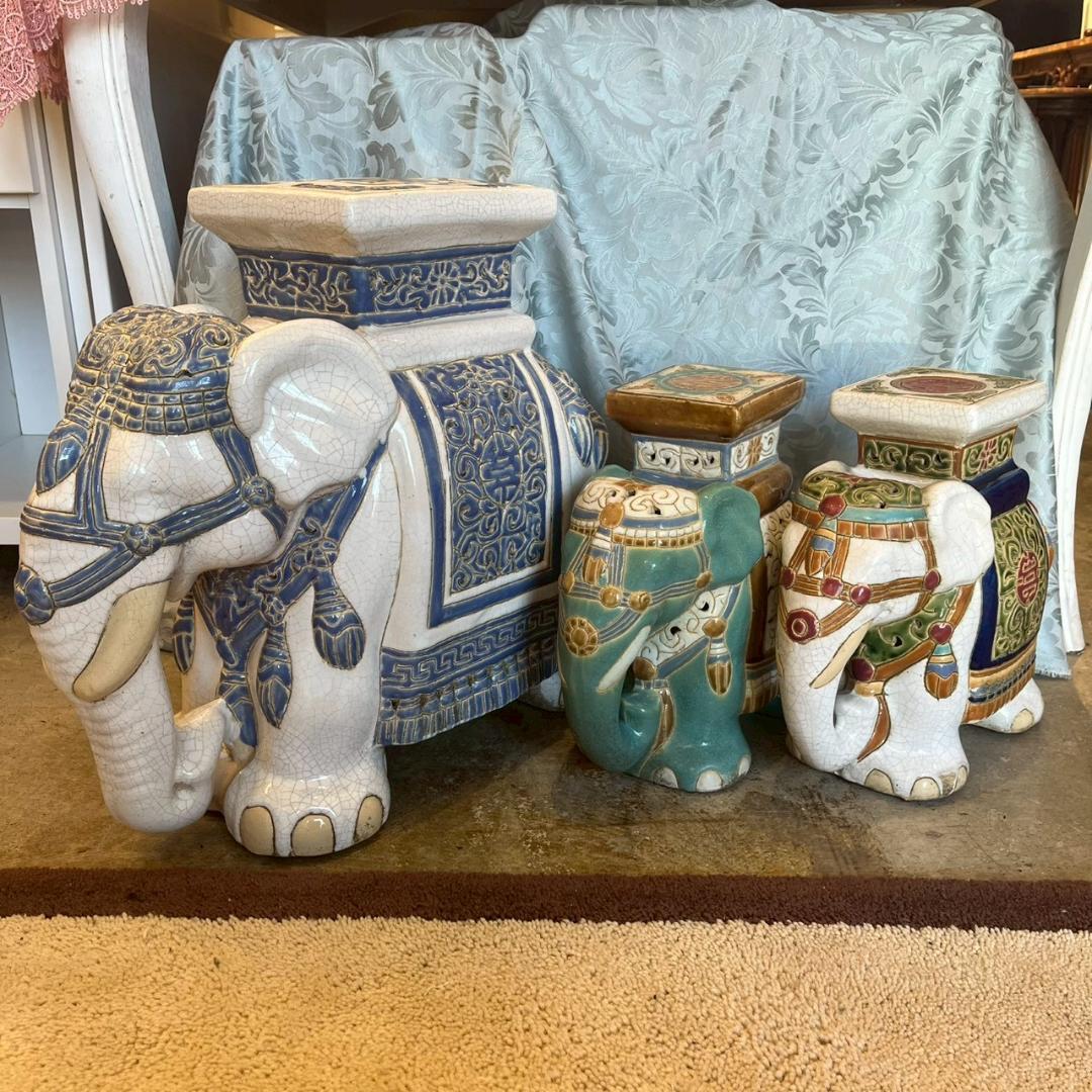 iΦ【2個セット】象 陶器製 置き物 花台 フラワースタンド オブジェ 鉢置き