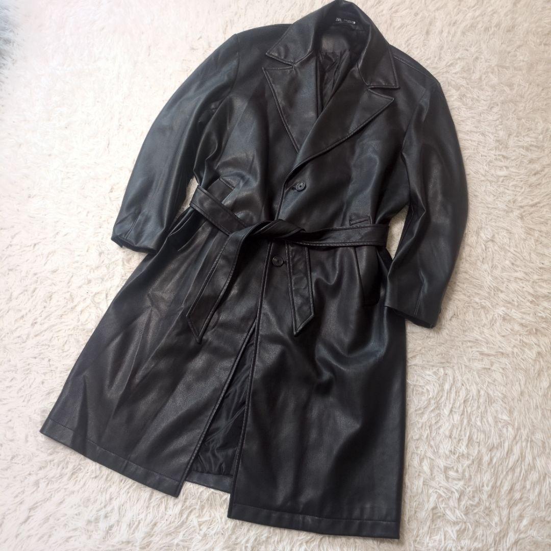 ZARA　ザラ　メンズ　オーバーサイズ　レザー調トレンチコート　黒　サイズM