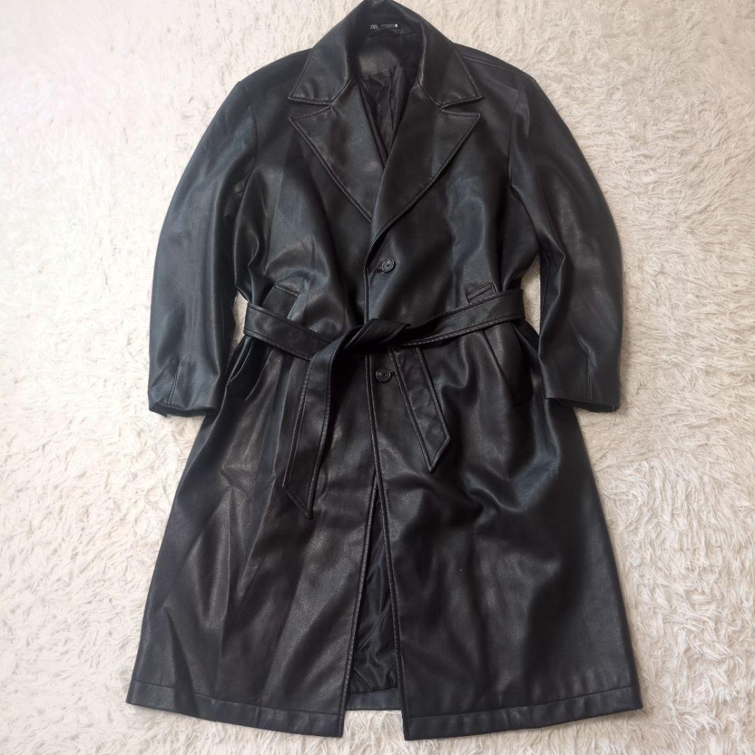 ZARA　ザラ　メンズ　オーバーサイズ　レザー調トレンチコート　黒　サイズM