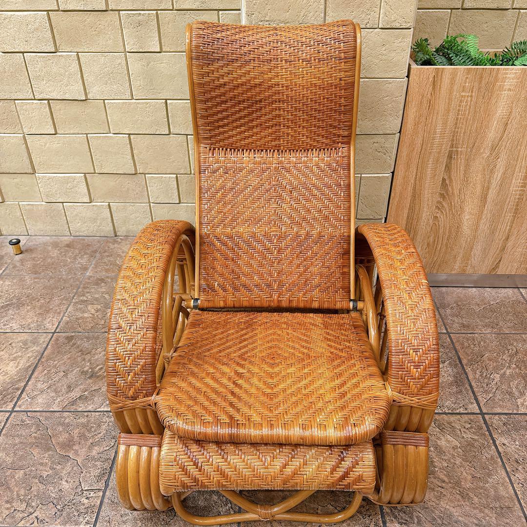 カズ　ラタンリクライニングチェア オットマン付き 籐家具 1人掛けソファー