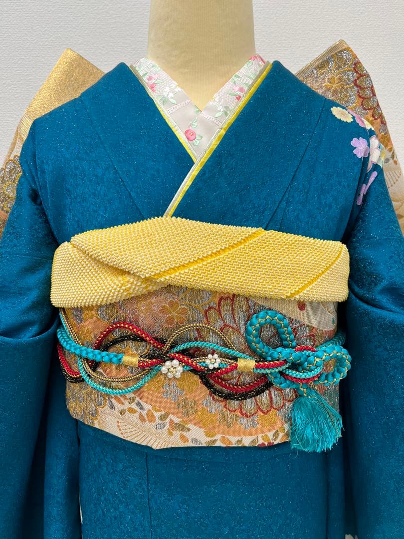 振り袖　フルセット　別誂長襦袢付　ブルー　成人式　金彩加工　金通し　714