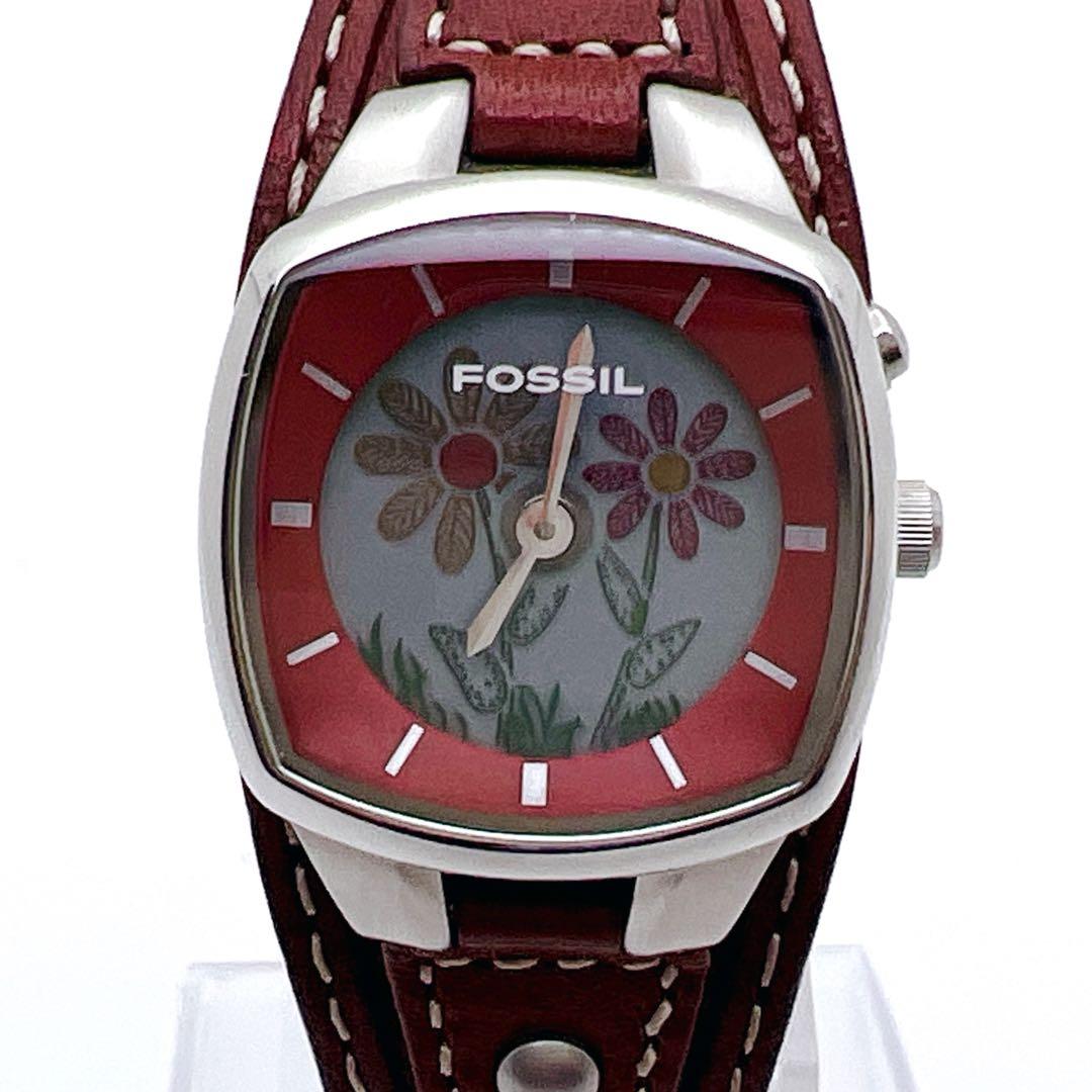 【美品】FOSSIL BIG TIC フラワー 花 腕時計 レザー 稼働品 廃盤