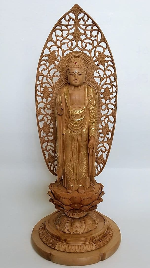 阿弥陀如来立像 4.5寸 #457 円台座 宝相華唐草 透彫り◆白檀 木彫 仏像