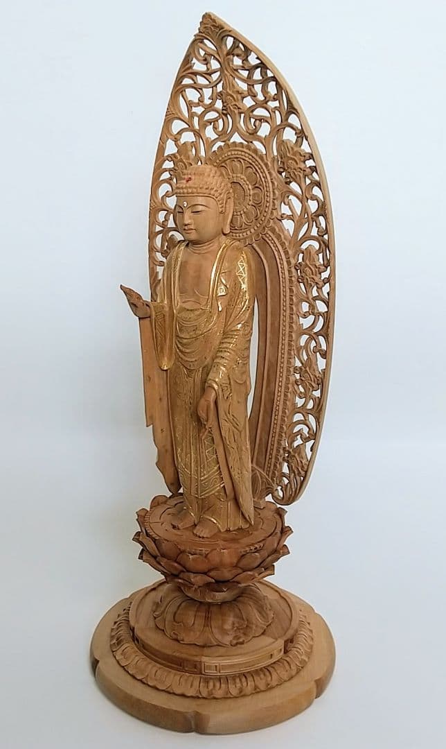 阿弥陀如来立像 4.5寸 #457 円台座 宝相華唐草 透彫り◆白檀 木彫 仏像
