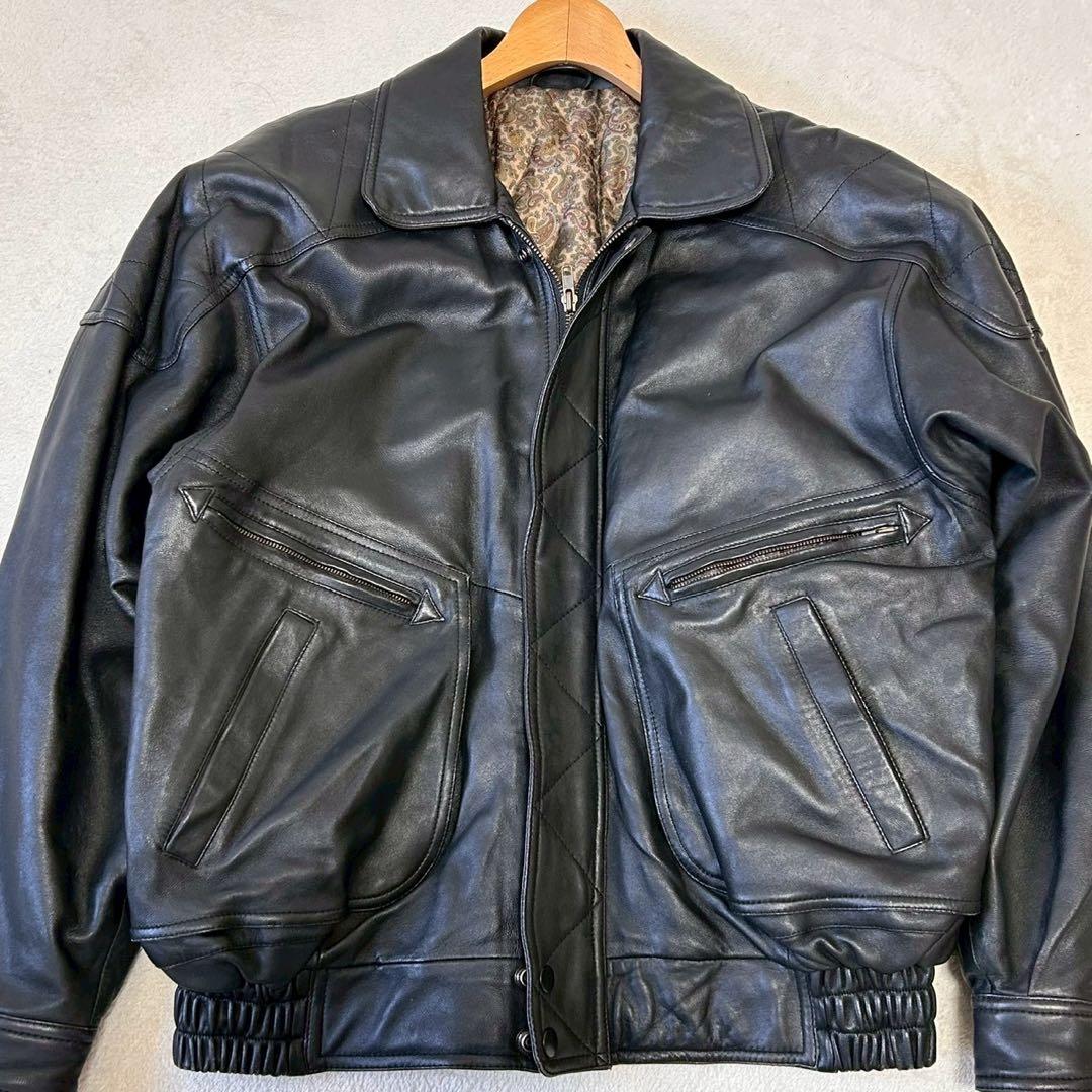 羊革 Lサイズ レザーボンバージャケット ブラック 総裏ペイズリー柄 本革 中綿