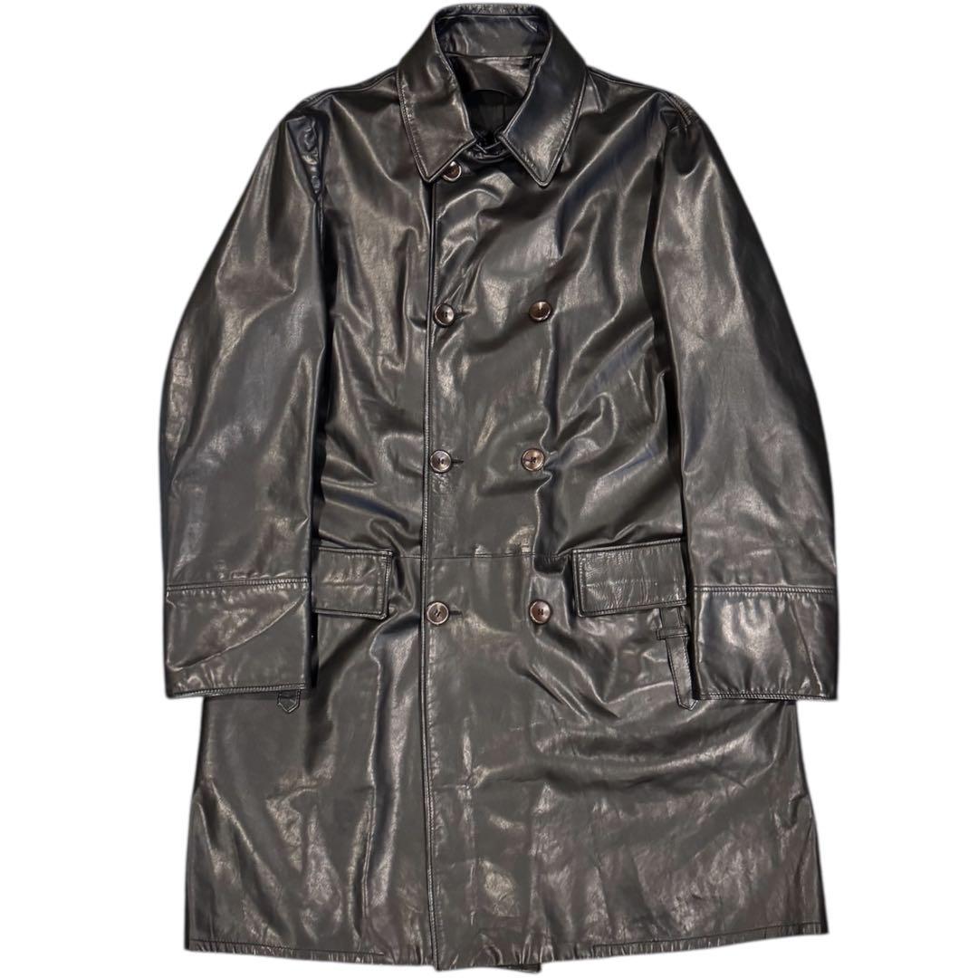 希少 ボッテガヴェネタ レザー ロングトレンチコート 一枚革 ブラック
