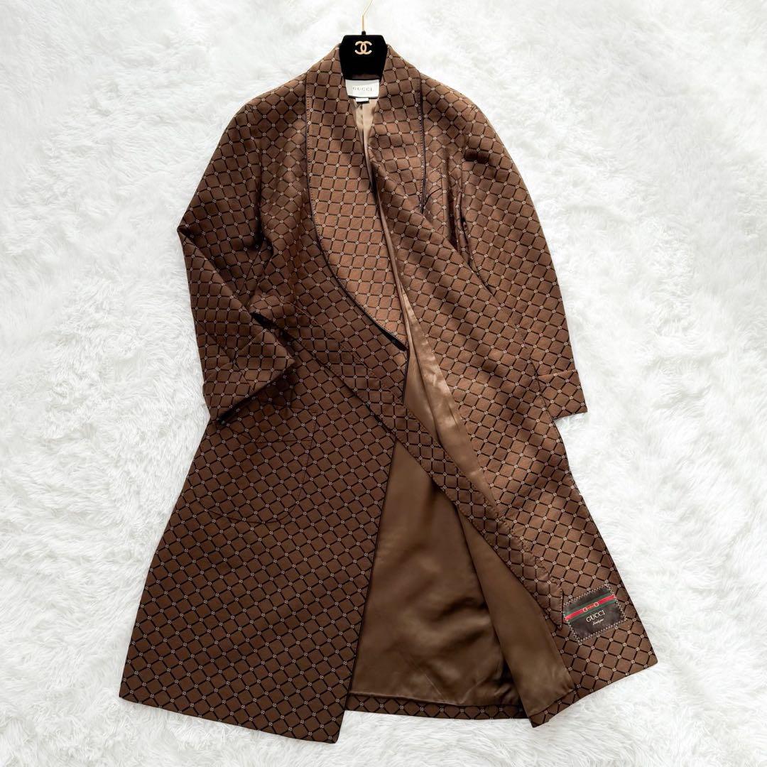 GUCCI 2020 ベルト付ロングガウンコート ウール GG柄 ブラウン 46