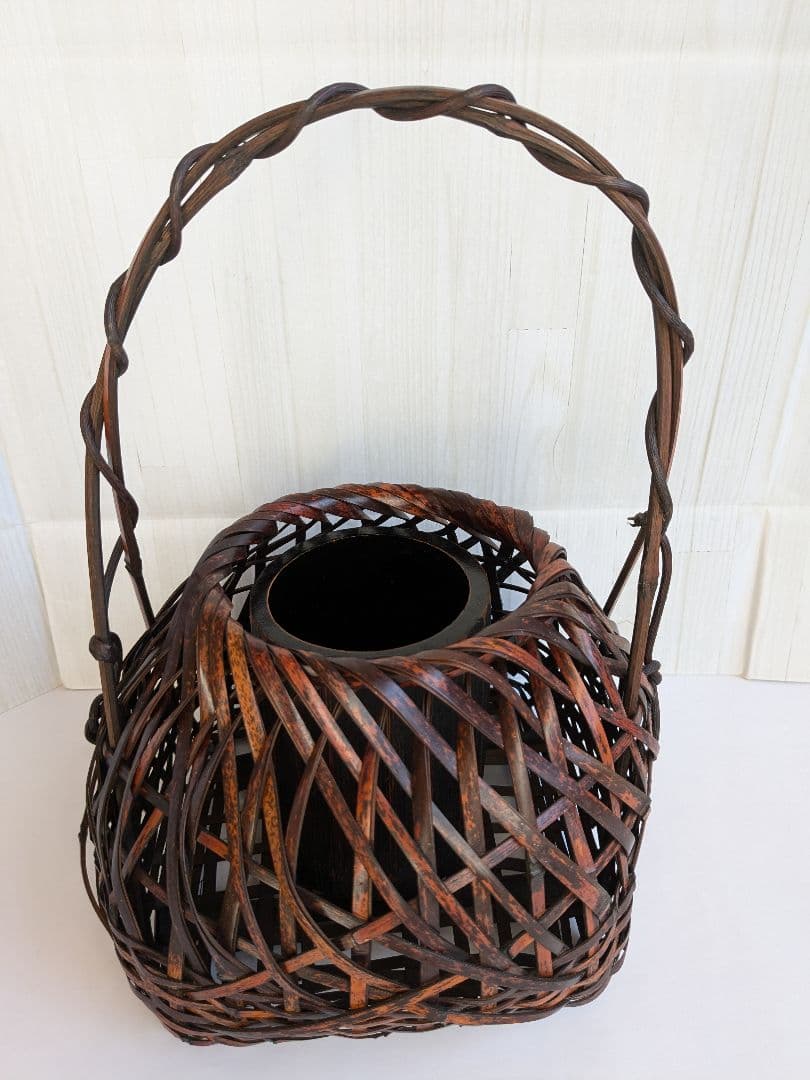 手付き花篭 花入 竹落とし付　　　茶道具　 華道具　竹籠 花籠 花籃　宗全籠