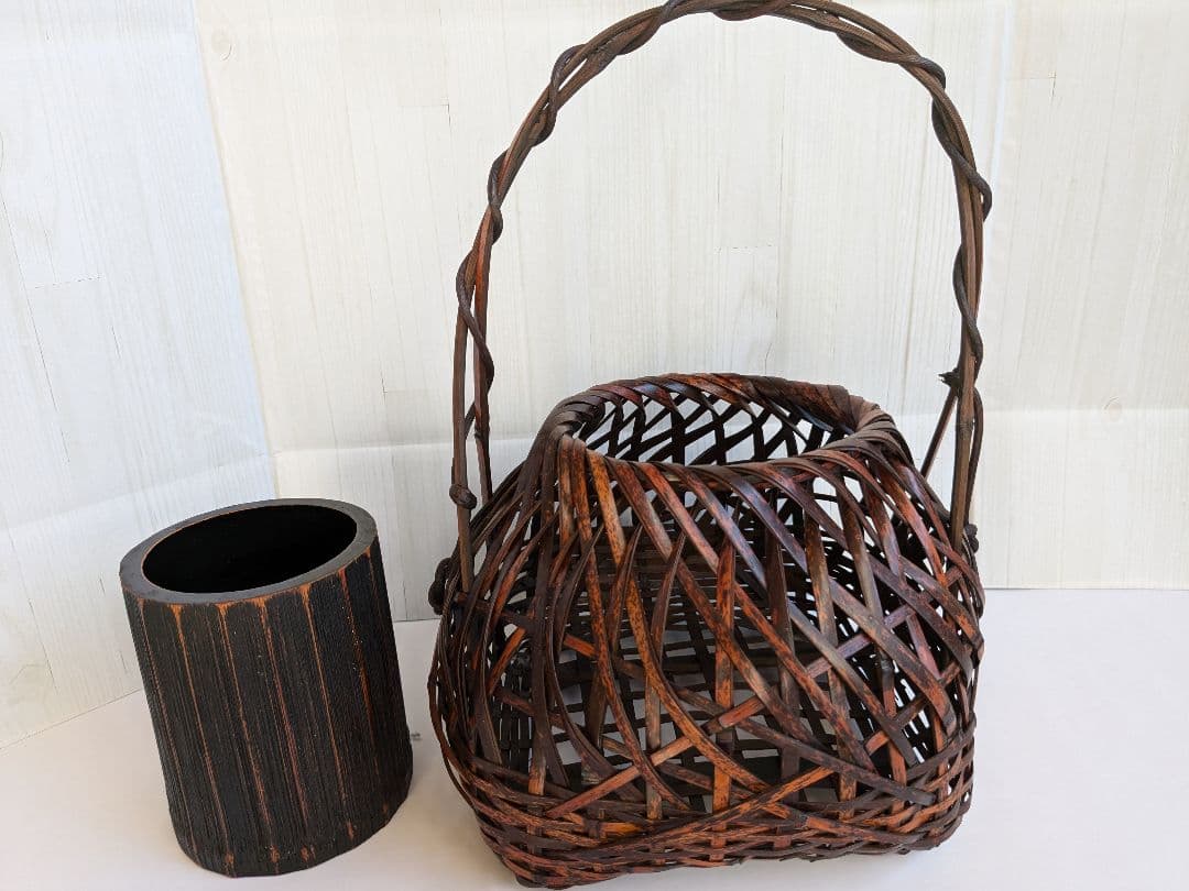手付き花篭 花入 竹落とし付　　　茶道具　 華道具　竹籠 花籠 花籃　宗全籠