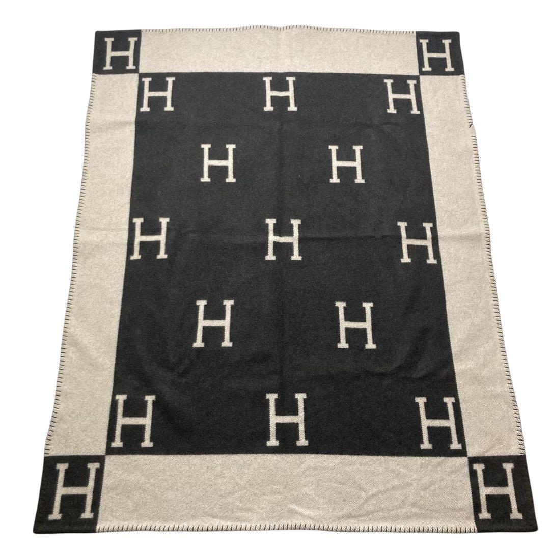 エルメス　アヴァロン ブランケット ブラック×ホワイト　カシミヤ