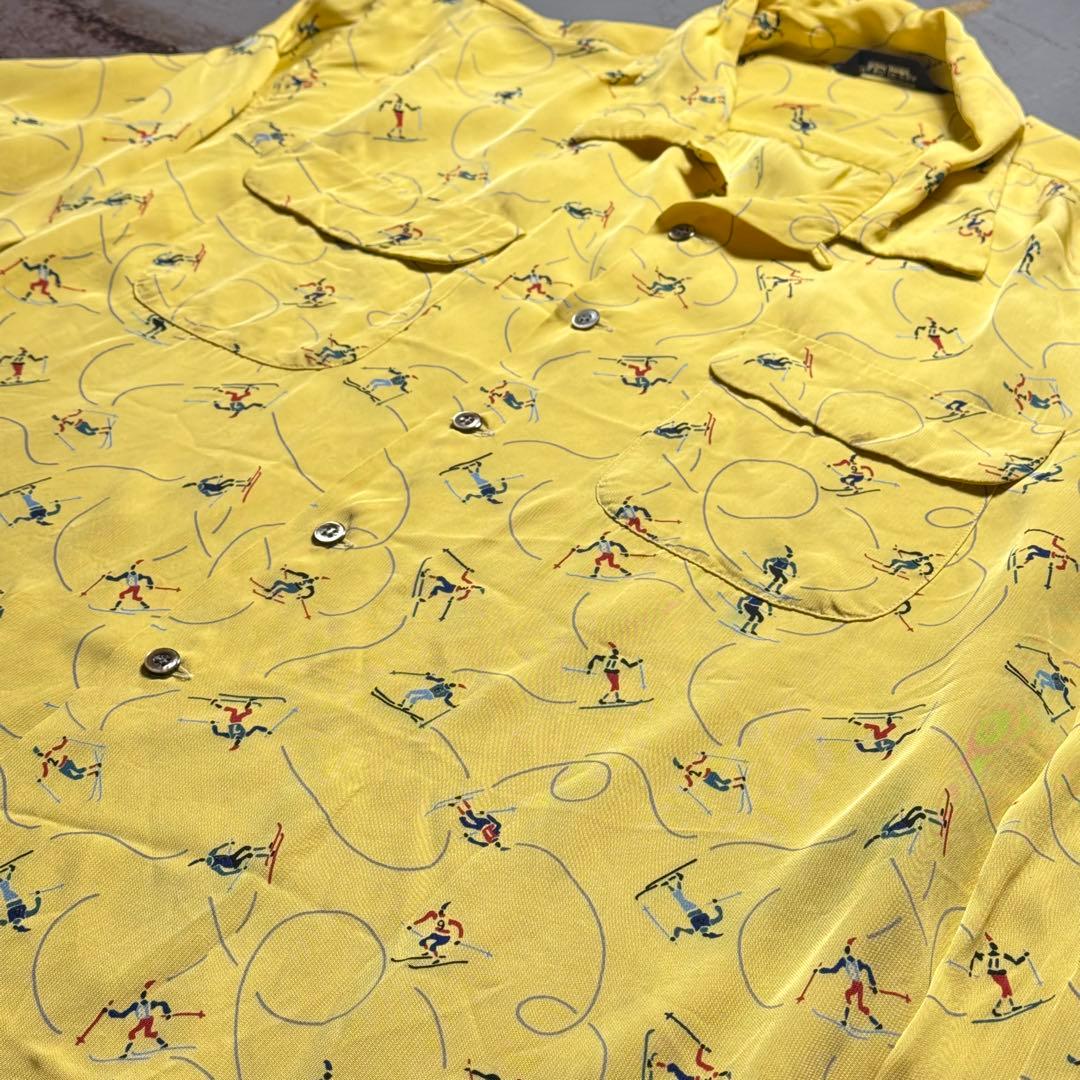 70s 総柄レーヨンシャツ 開襟 フラップ ロカビリー ヒッピー ヴィンテージ