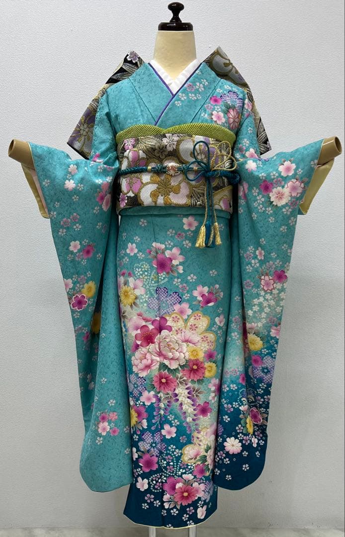 振り袖　フルセット　長襦袢付　ブルー　成人式　金彩加工　刺繍入り　銀通し　754