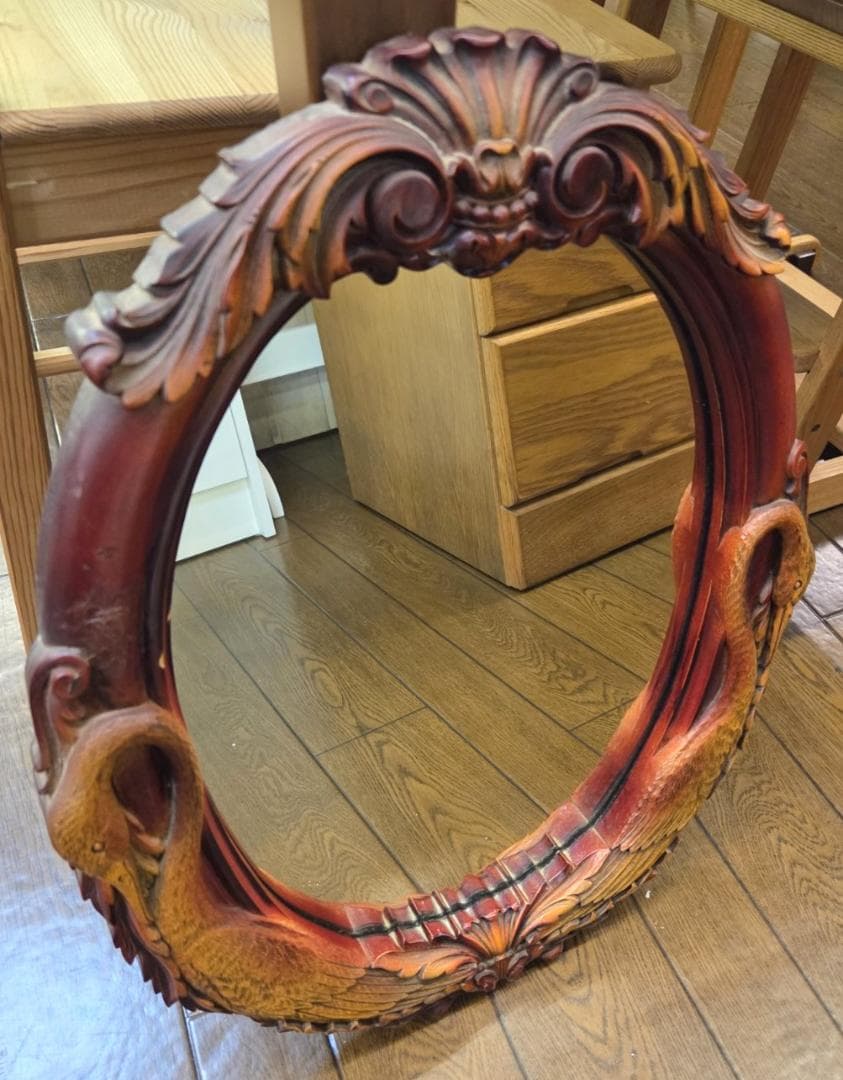 〈現状渡し〉ニッカ 壁掛け ミラー 鏡 木彫り 白鳥 アンティーク