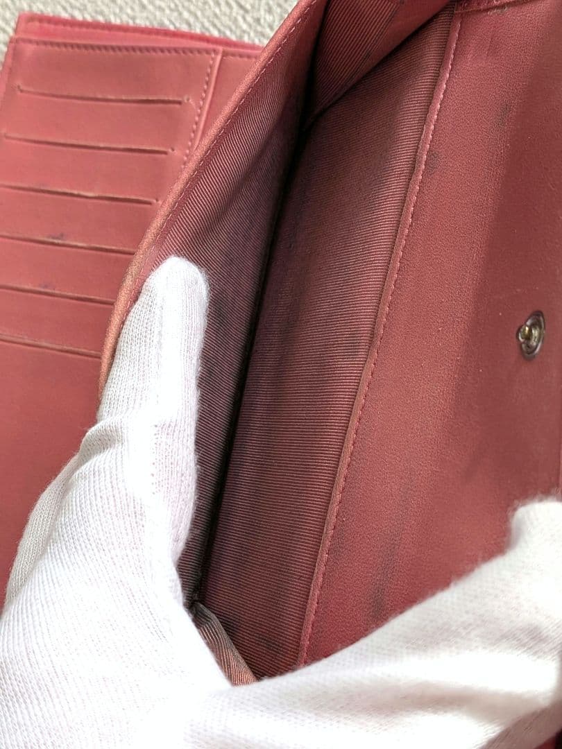 シャネル　ピンク　マトラッセ　三つ折り長財布　ラムスキン　チェーンショルダー