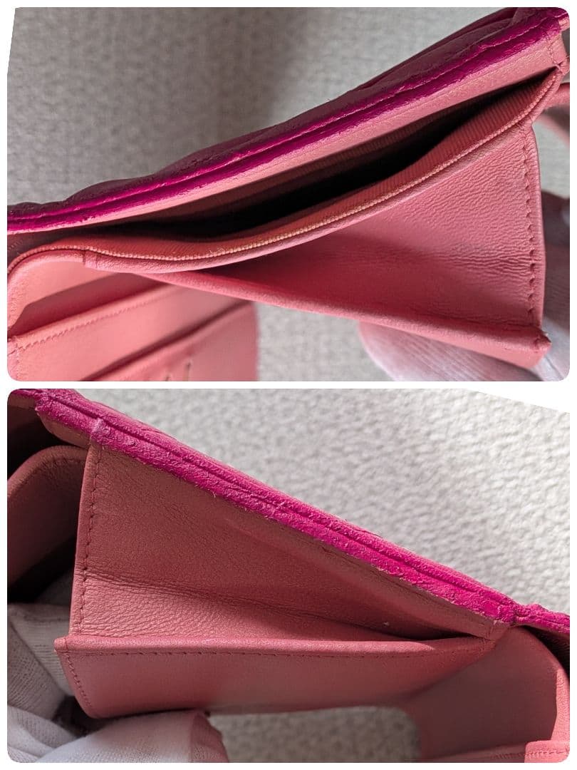 シャネル　ピンク　マトラッセ　三つ折り長財布　ラムスキン　チェーンショルダー