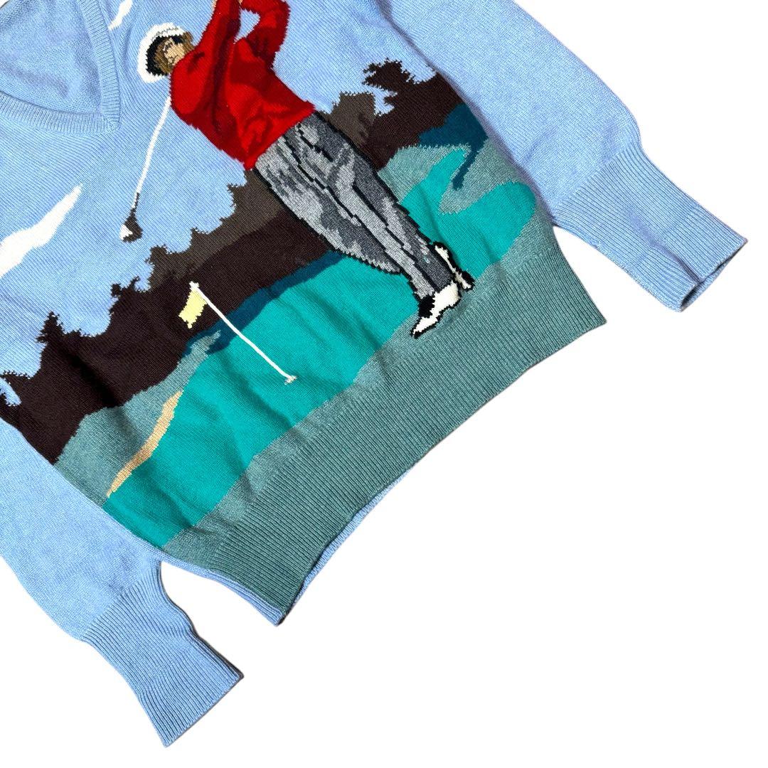 L相当 スコットランド製 ピュアカシミヤ100% ゴルフ柄 インターシャニット