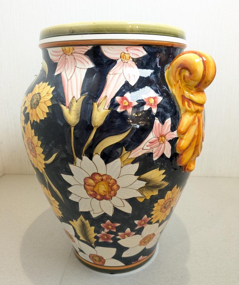 【イタリア製】 ハンドペイント フラワーベース 壷 花瓶 陶器製 双耳花瓶 花柄