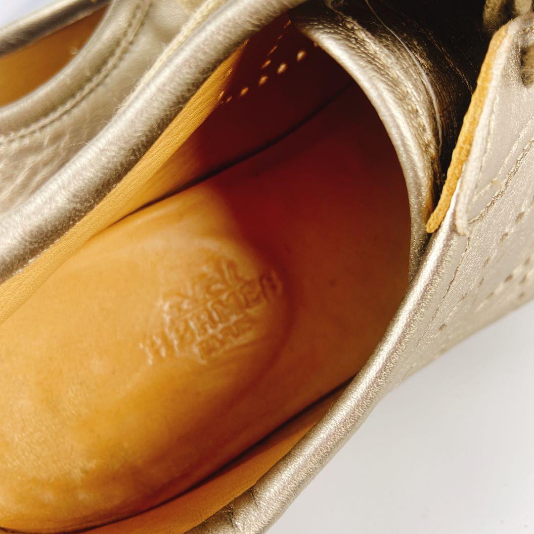 HERMES エブリン ゴールド 金 レザースニーカー Hロゴ パンチング