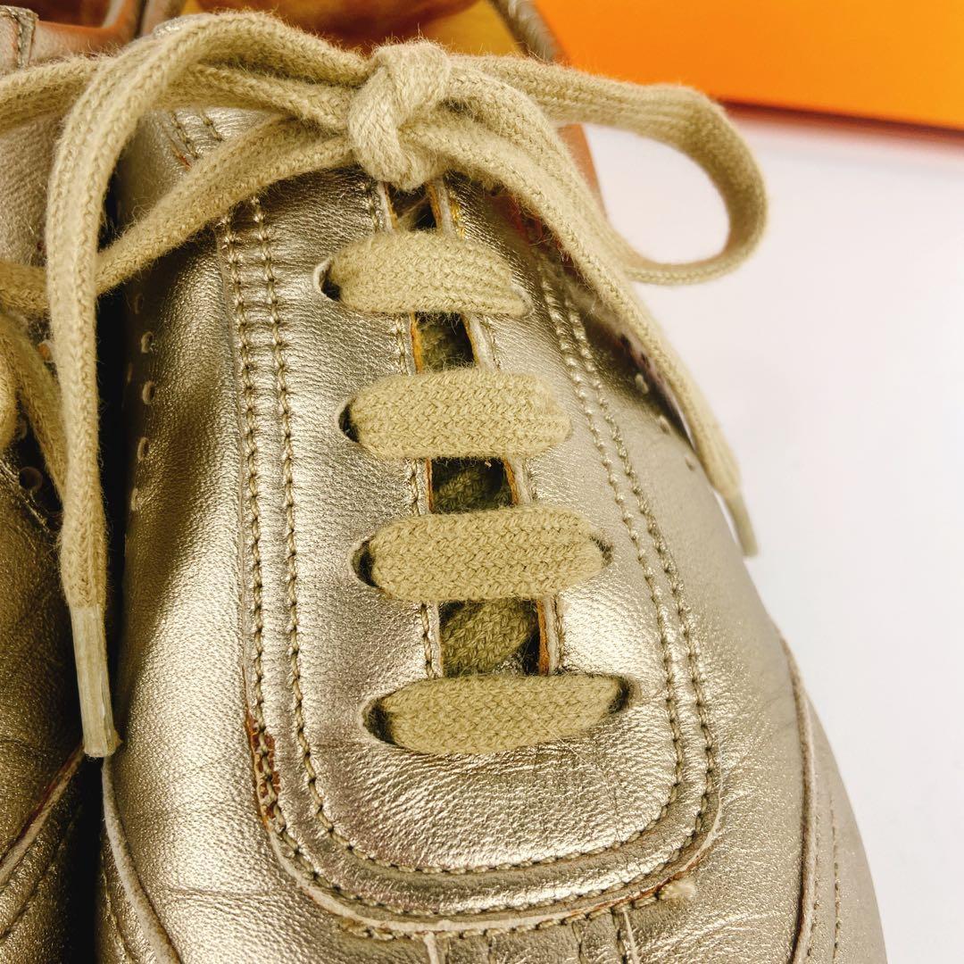 HERMES エブリン ゴールド 金 レザースニーカー Hロゴ パンチング