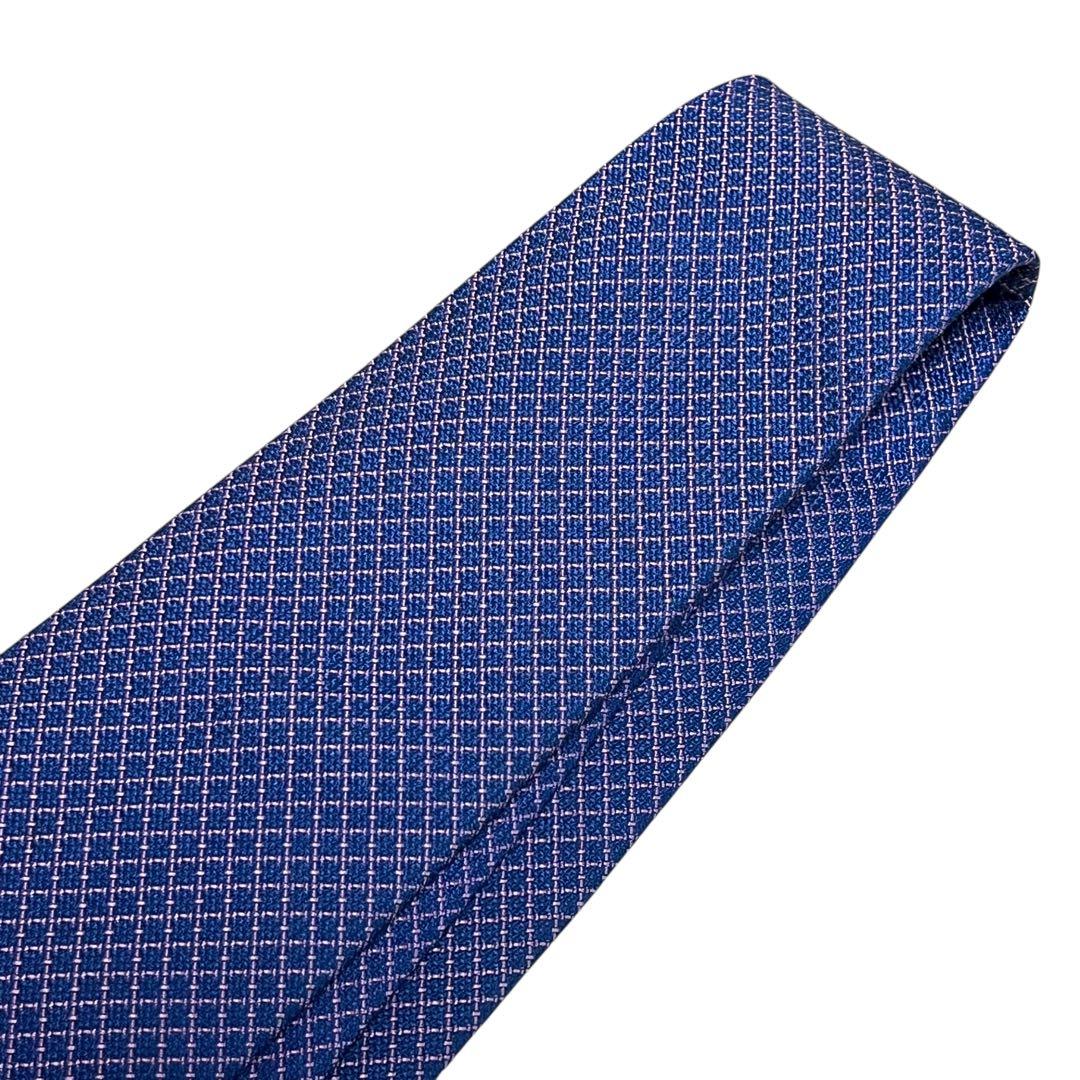 HERMES エルメス　高級ネクタイ　ジャガード織　ブルー　総柄　剣裏H柄