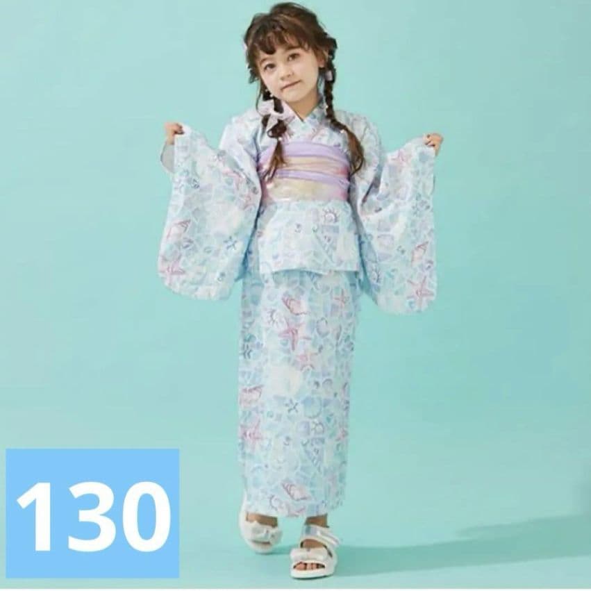 メゾピアノ(mezzo piano) シェルモザイク柄　浴衣　ブルー　130