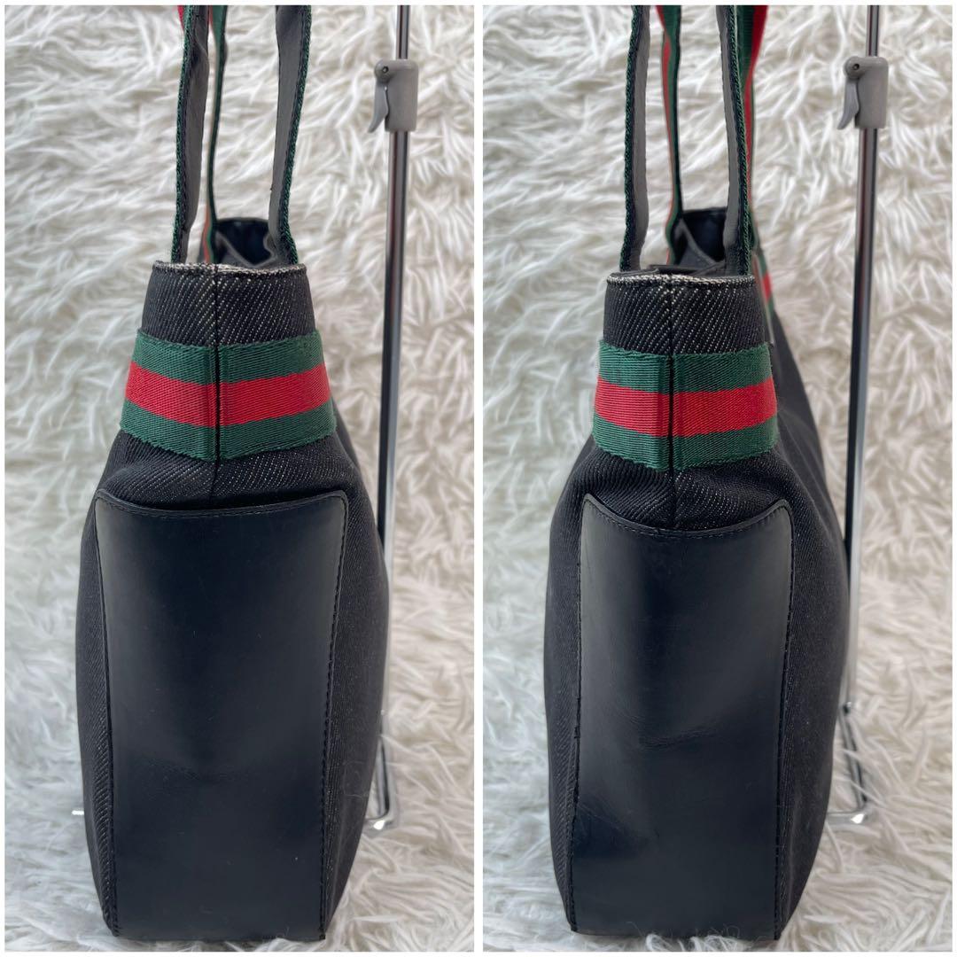 美品✨GUCCI グッチ シェリーライン デニム×レザー トートバッグ 黒