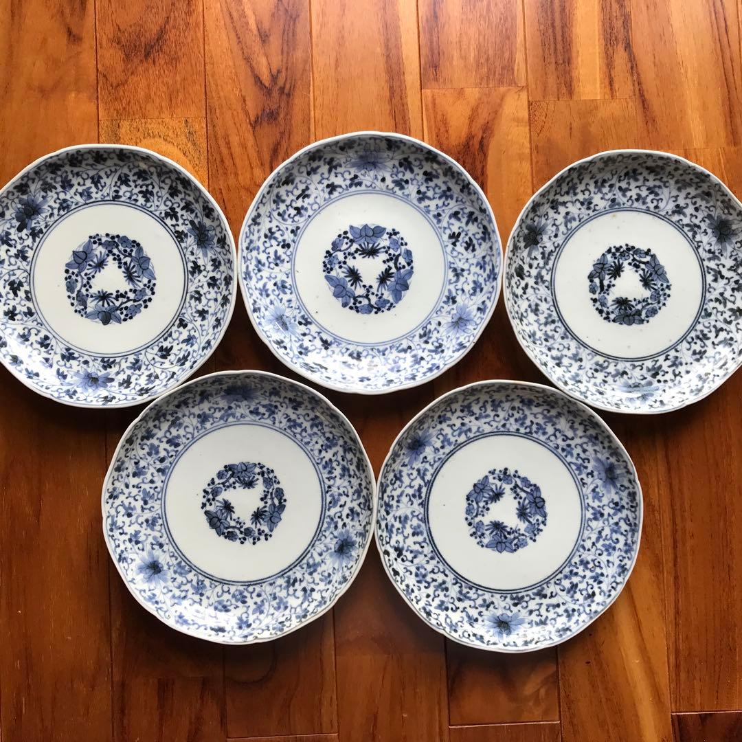 古伊万里染付花唐草文　青い花模様の皿7寸　5枚セット