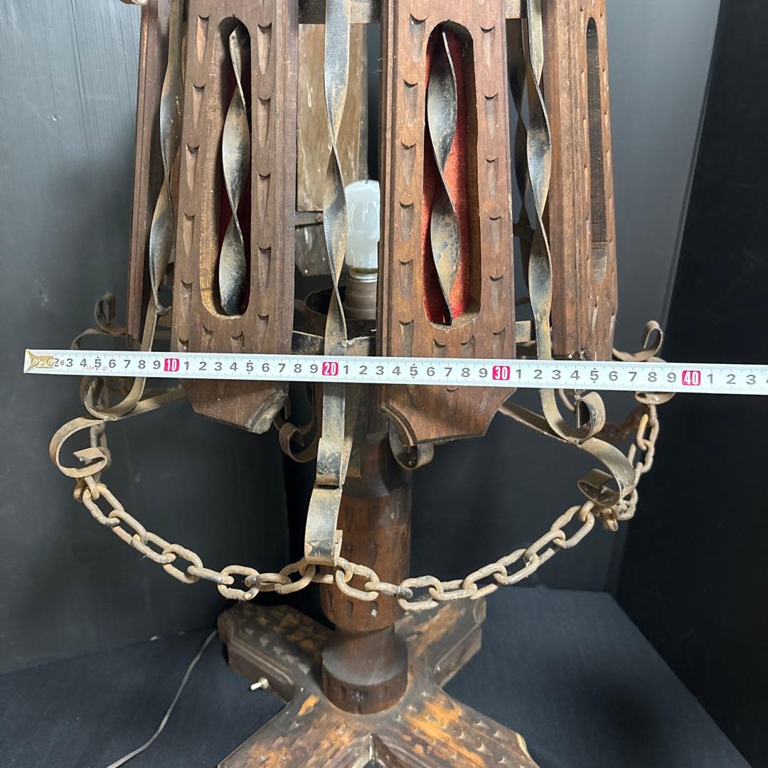 アンティーク木製&アイアンランプ 彫刻チェーン大