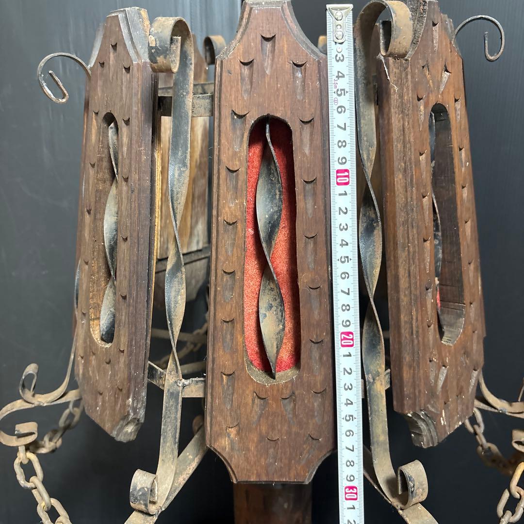 アンティーク木製&アイアンランプ 彫刻チェーン大