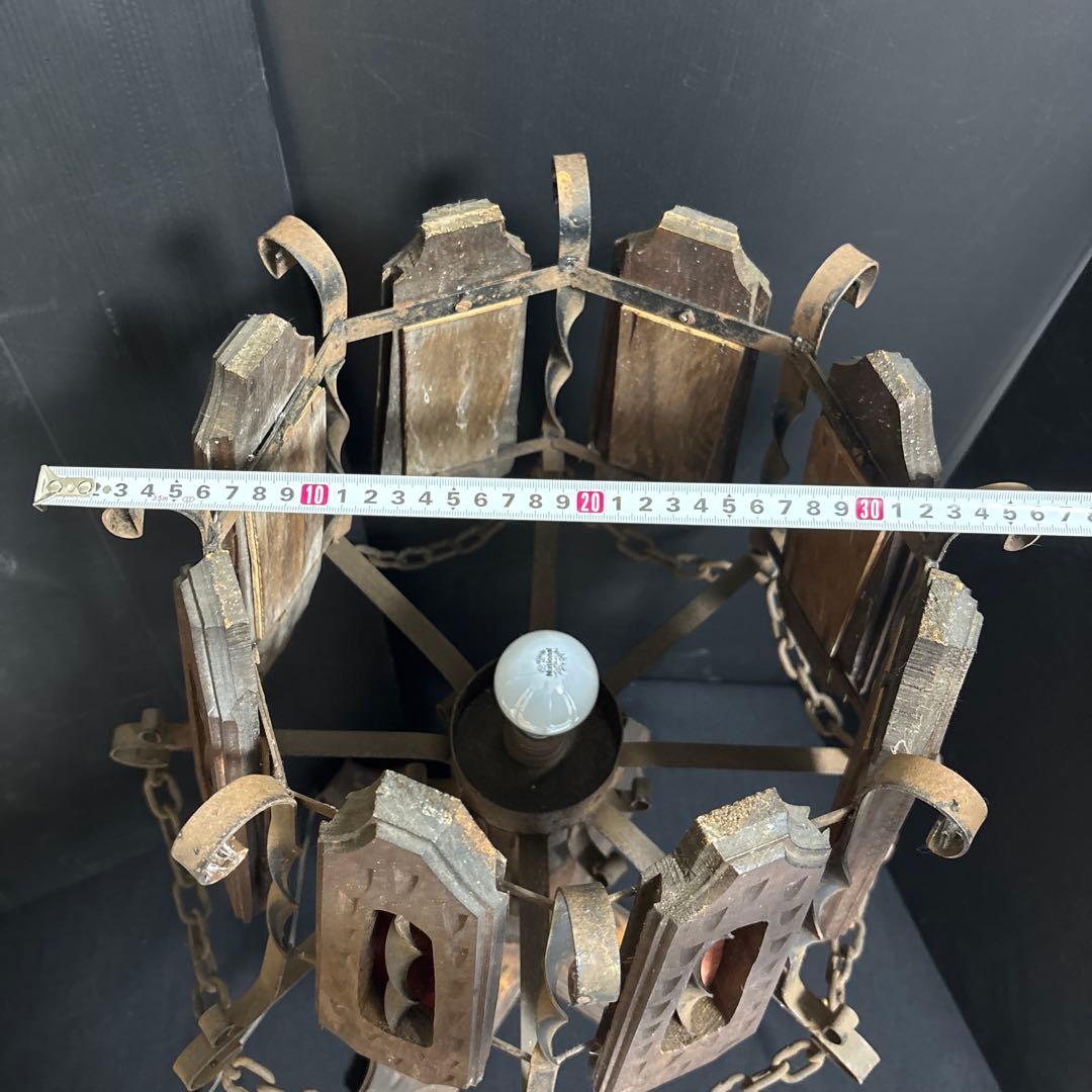 アンティーク木製&アイアンランプ 彫刻チェーン大