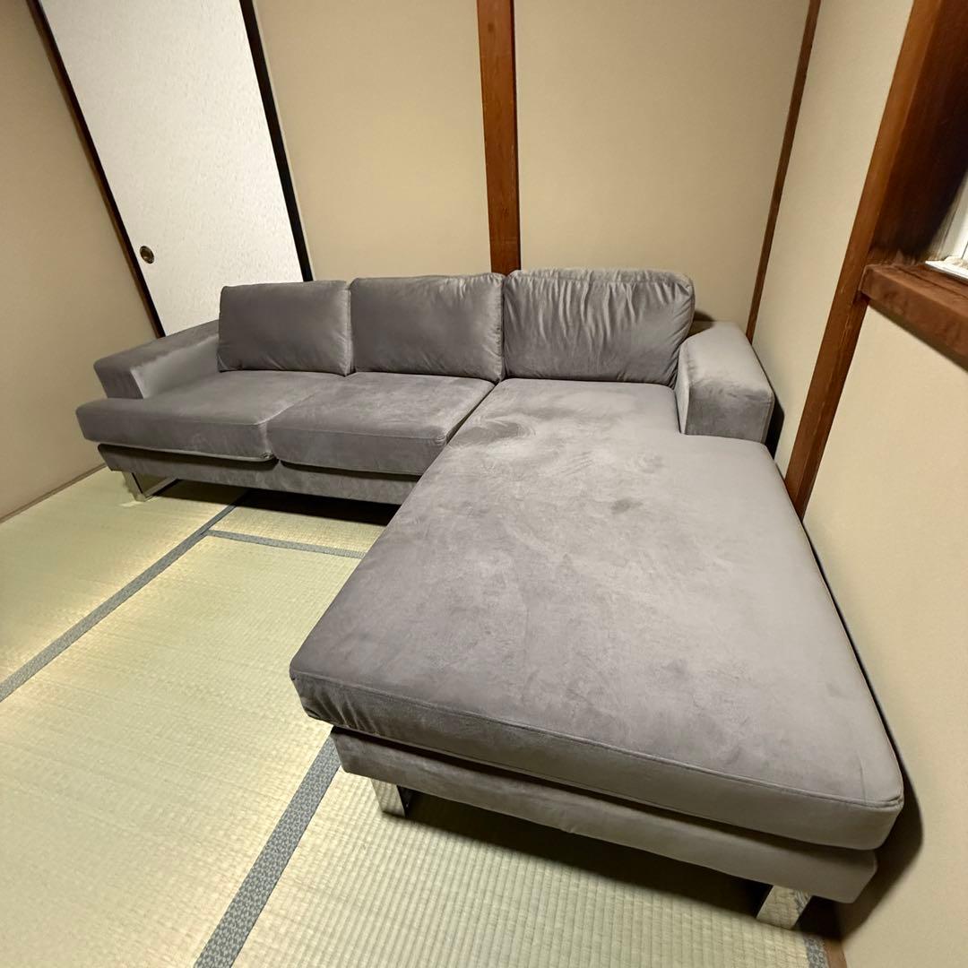 新品同様 LOWYA ロウヤ カウチソファセット 3人掛け ベルベット調 グレー