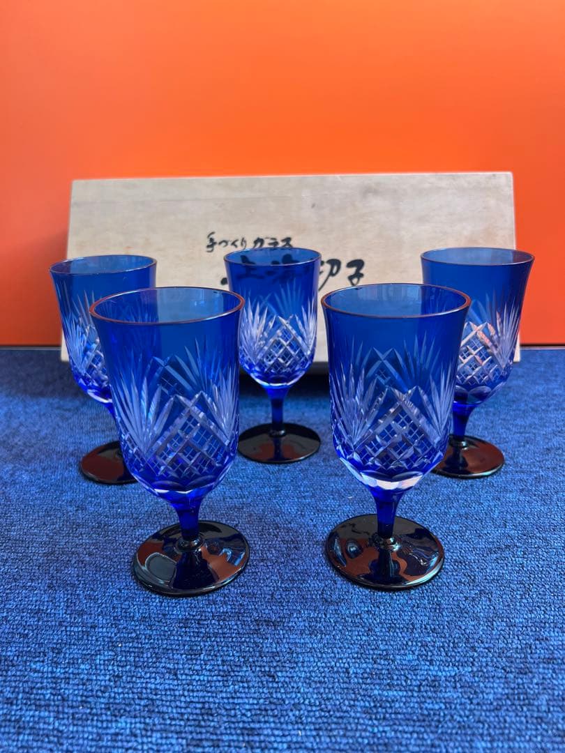 1099 手づくりガラス　上海切子　ワインカップ　5客　未使用