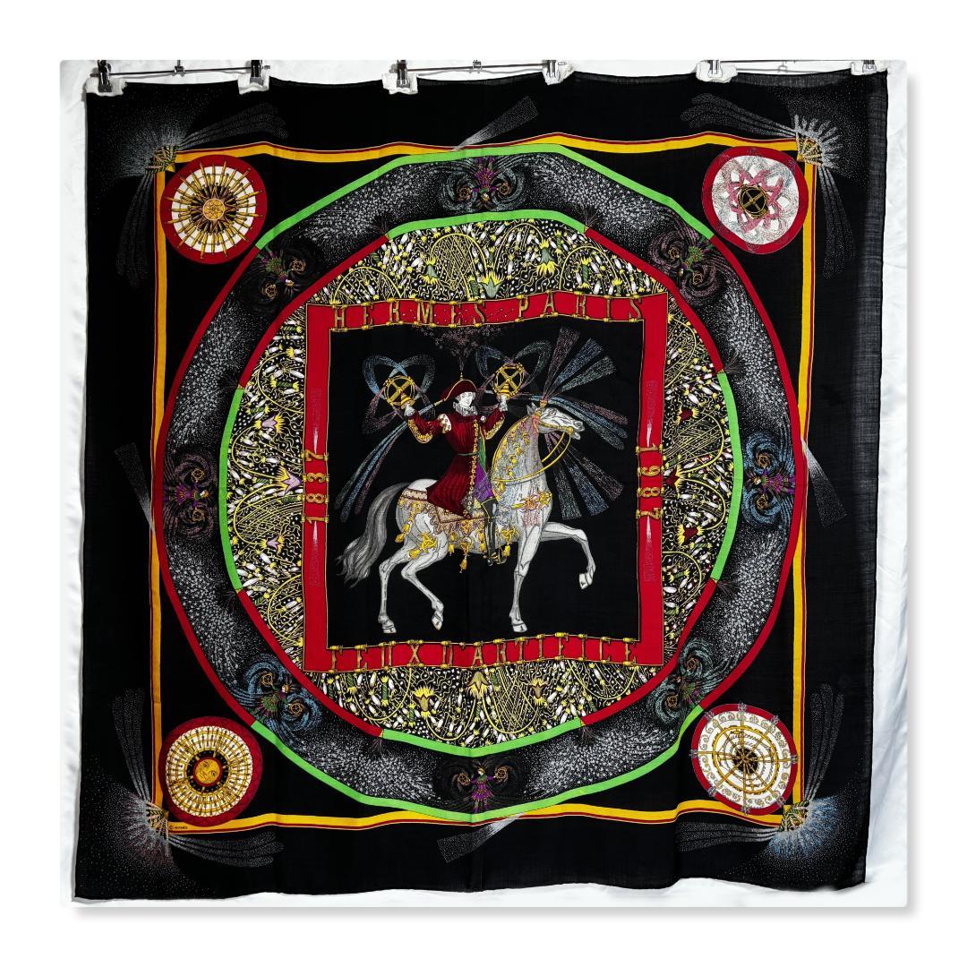 エルメス　カレジェアン140　カシシル　スカーフ　技巧の火　ブラック系　【美品】