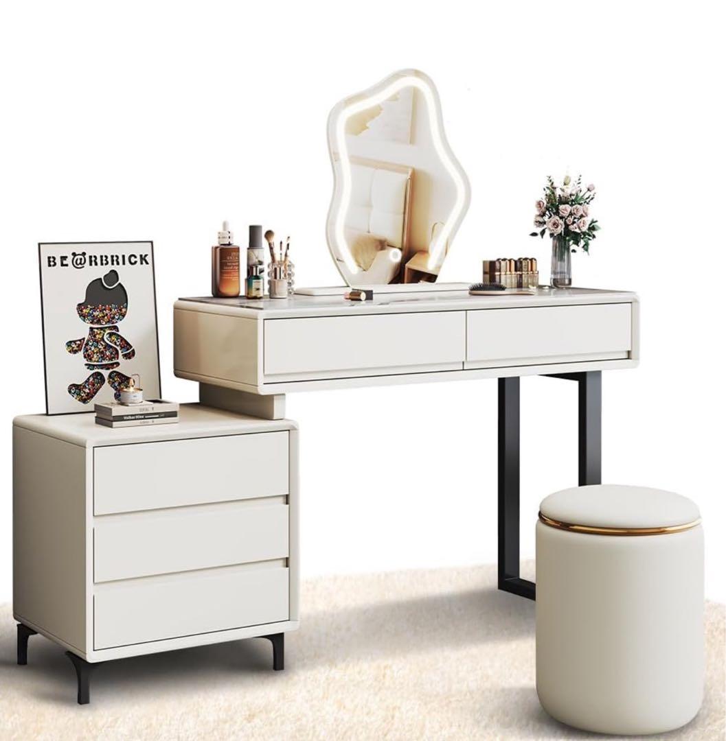 新品ドレッサー 100cmテーブル 岩盤天板 女優LEDミラー チェアー付き