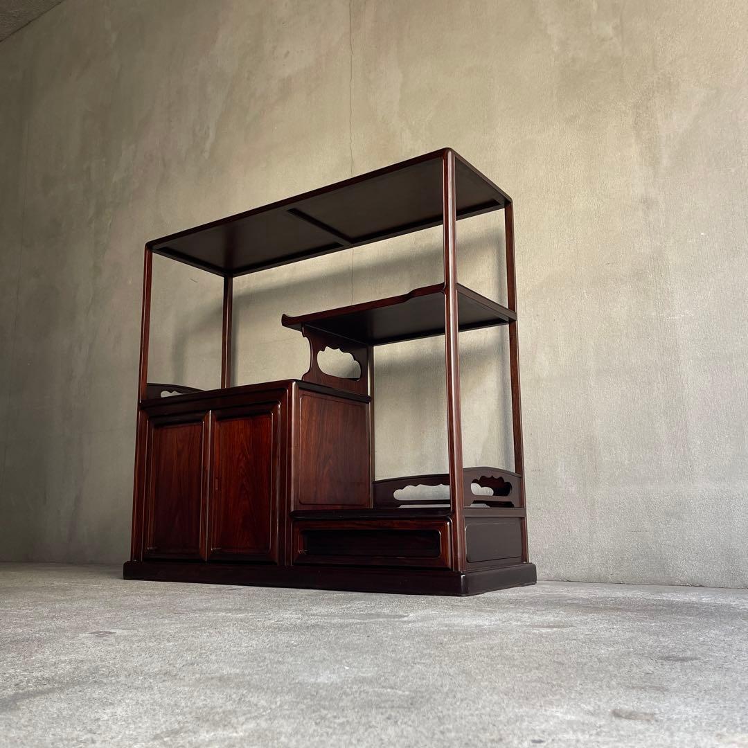 唐木指物 縞黒檀 総無垢 茶棚 煎茶棚 違い棚 飾り棚 和モダン H83cm