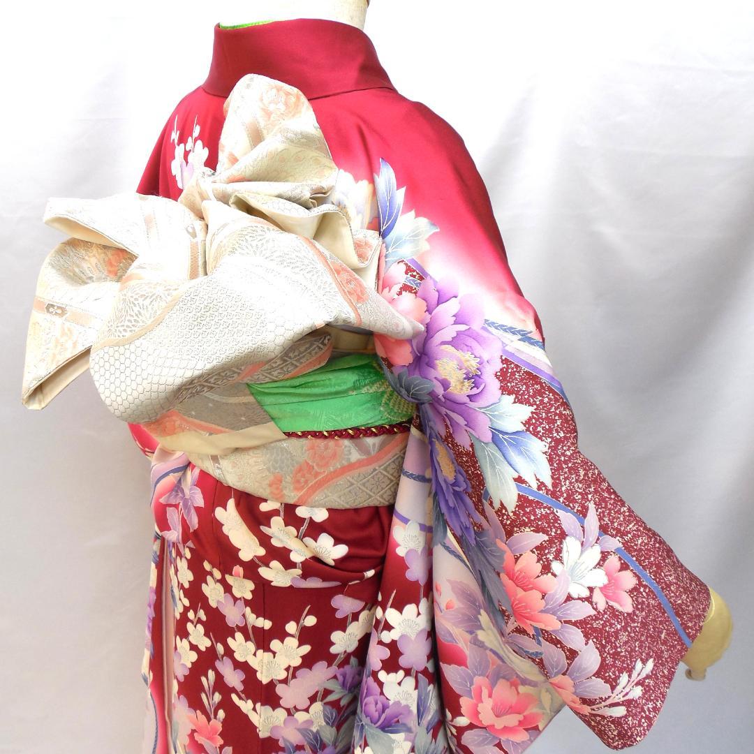 極美品★振袖フルセット　正絹　成人式　振袖　7点セット　Mサイズ　レッド系　花柄