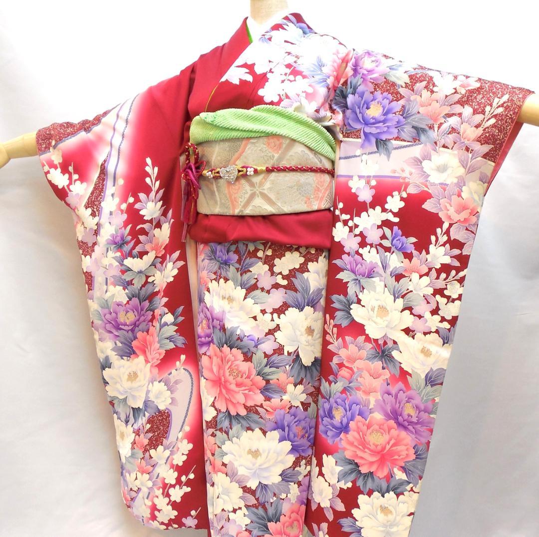極美品★振袖フルセット　正絹　成人式　振袖　7点セット　Mサイズ　レッド系　花柄