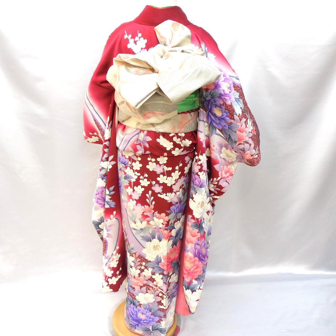 極美品★振袖フルセット　正絹　成人式　振袖　7点セット　Mサイズ　レッド系　花柄
