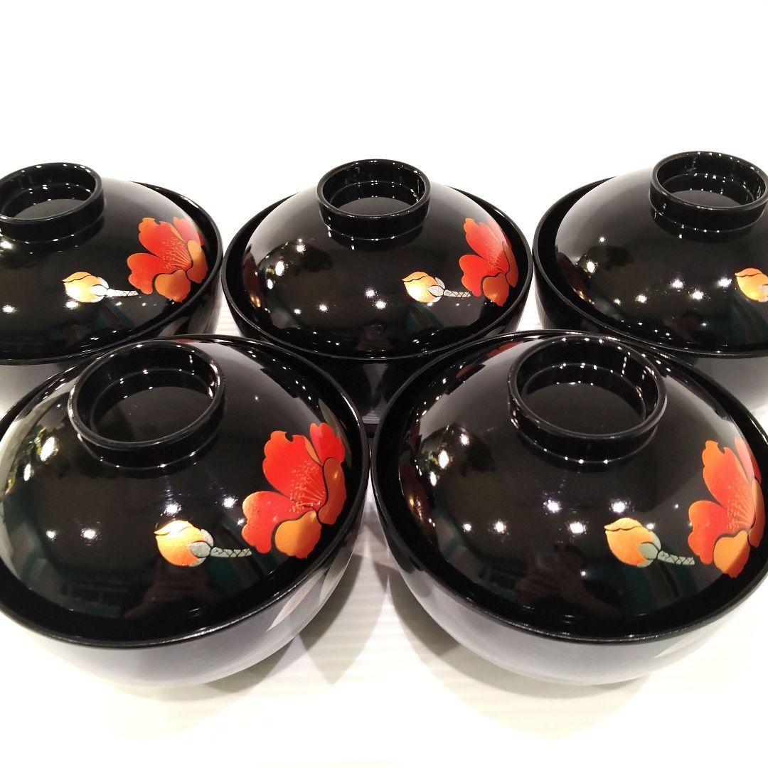 会津塗 漆器 金彩 吸物碗 蓋付き 黒塗 蒔絵 汁椀 お正月 椿 5客揃