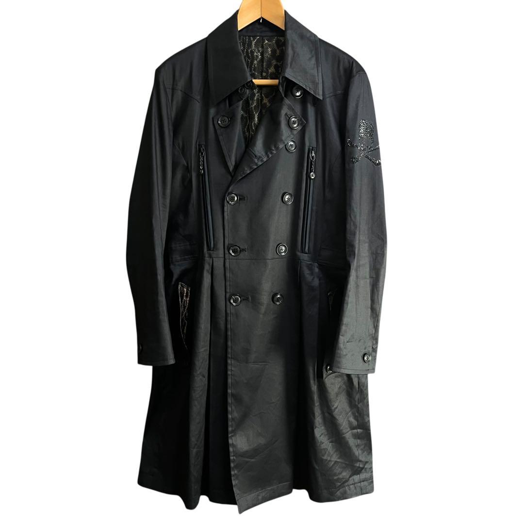 Roen トレンチコート レオパード スパンコールスカル ロング丈 ブラック