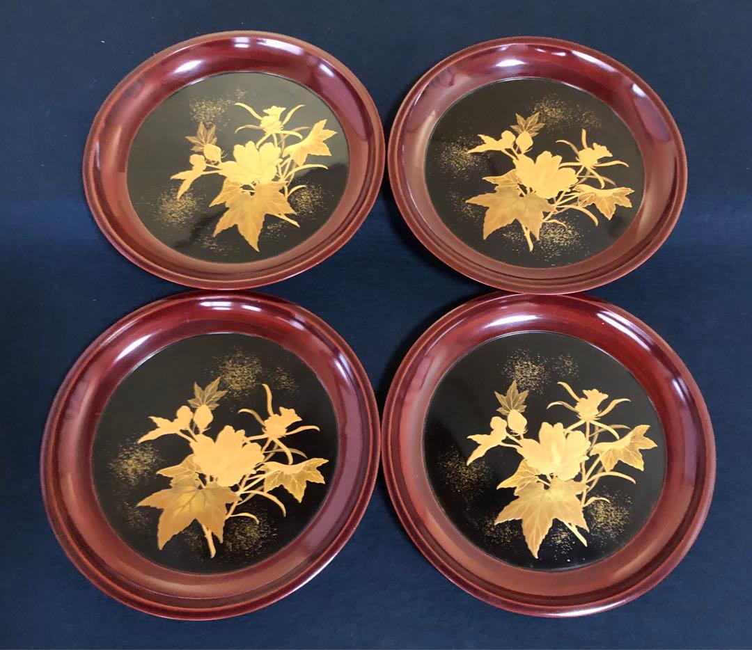 《R》蒔絵 丸盆 菓子盆4客 木製漆器 木箱　260128く2