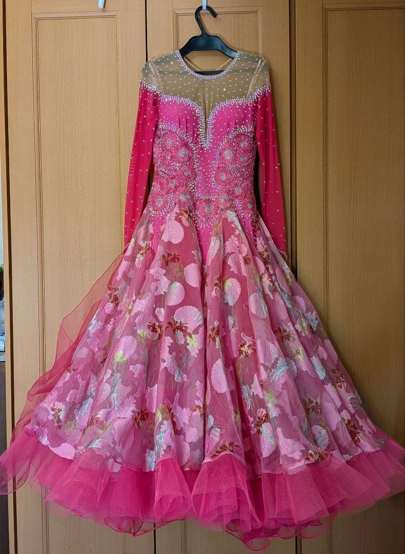 社交ダンス　スタンダードドレス　フューシャピンク　フラワープリント　S