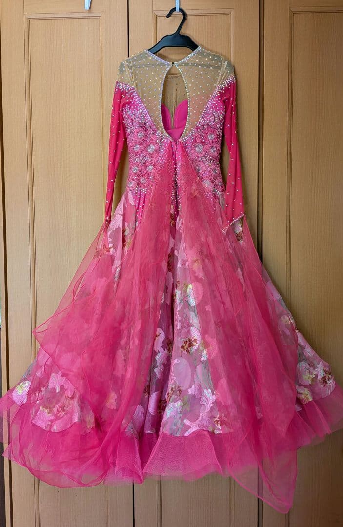 社交ダンス　スタンダードドレス　フューシャピンク　フラワープリント　S