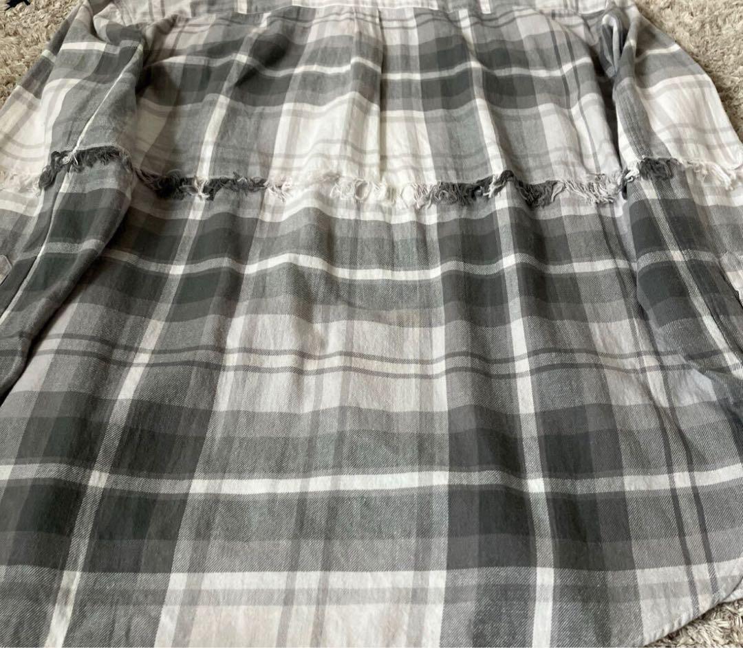 極美品　UNUSED アンユーズド チェックシャツ フリンジ 長袖 グレー