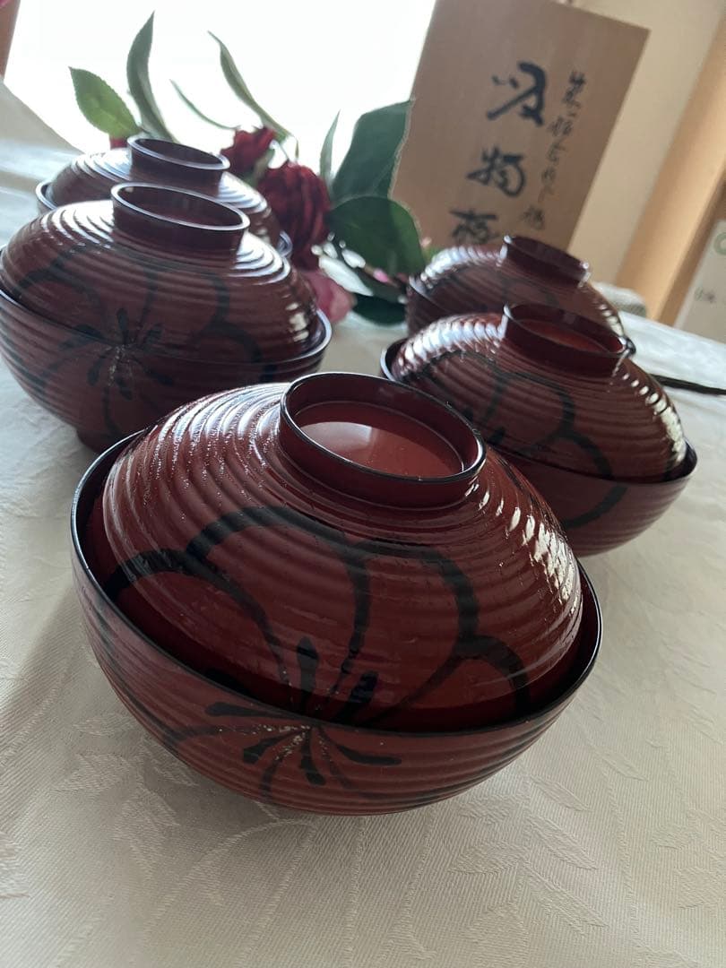 未使用❤️希少 アソベ光石謹製 朱色 梅柄蓋つき煮物椀5個 木箱付き